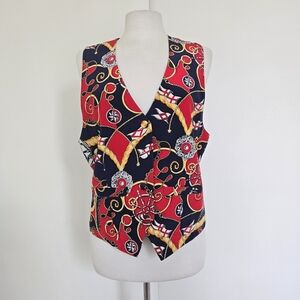 VTG Saks Fifth Avenue‎ Exclusive 100%  Silk Gilet Vest Novelty Print Size Large
